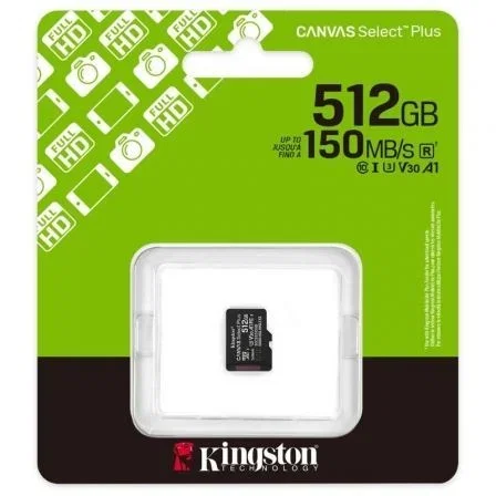 Kingston CANVAS Select Plus Tarjeta microSD 512GB Clase 10 UHS-I U3 V30 A1 Velocidad Lectura 150MB/s SDCS3/512GBSP